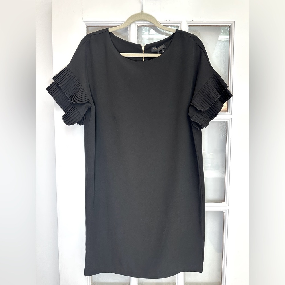 Donna Karan New York Black Dress Flutter Ruffle Sleeve Gold Zipper Size 4 NWT